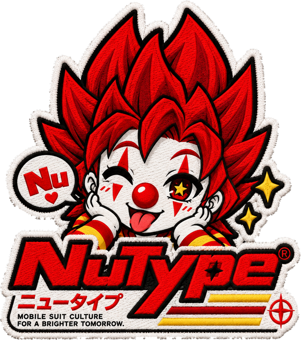 NuType mascot: embroidered patch of a red-haired clown chibi, NuType ニュータイプ, Mobile Suit Culture for a Brighter Tomorrow.